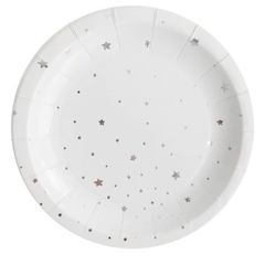 PLATO DE PAPEL BLANCO ESTRELLITAS PLATEADAS x6