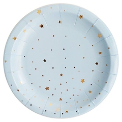 PLATO DE PAPEL CELESTE ESTRELLITAS DORADAS x6