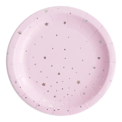 PLATO DE PAPEL LILA PASTEL ESTRELLITAS PLATEADAS x6