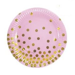 PLATO DE PAPEL ROSA DOTS DORADO x6