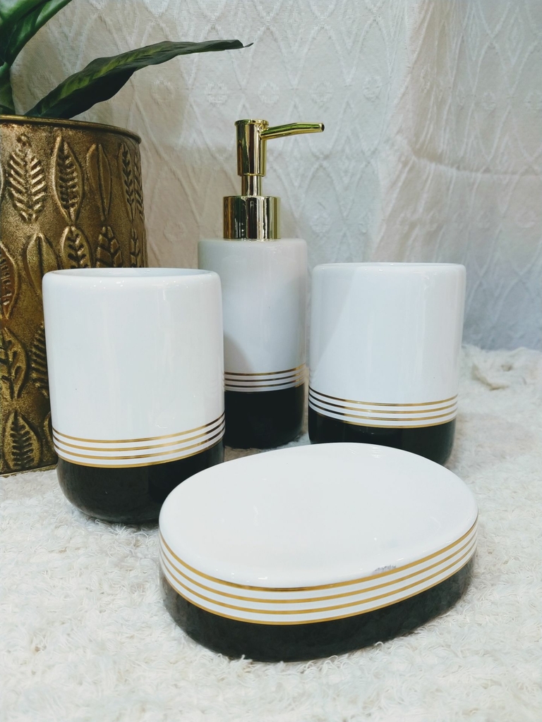 Set accesorios organizador baño cerámica x4 blanco oro Decoart