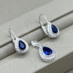 Conjunto Dije y Aros Gota en plata 925 con Zafiros Azules y Cubics