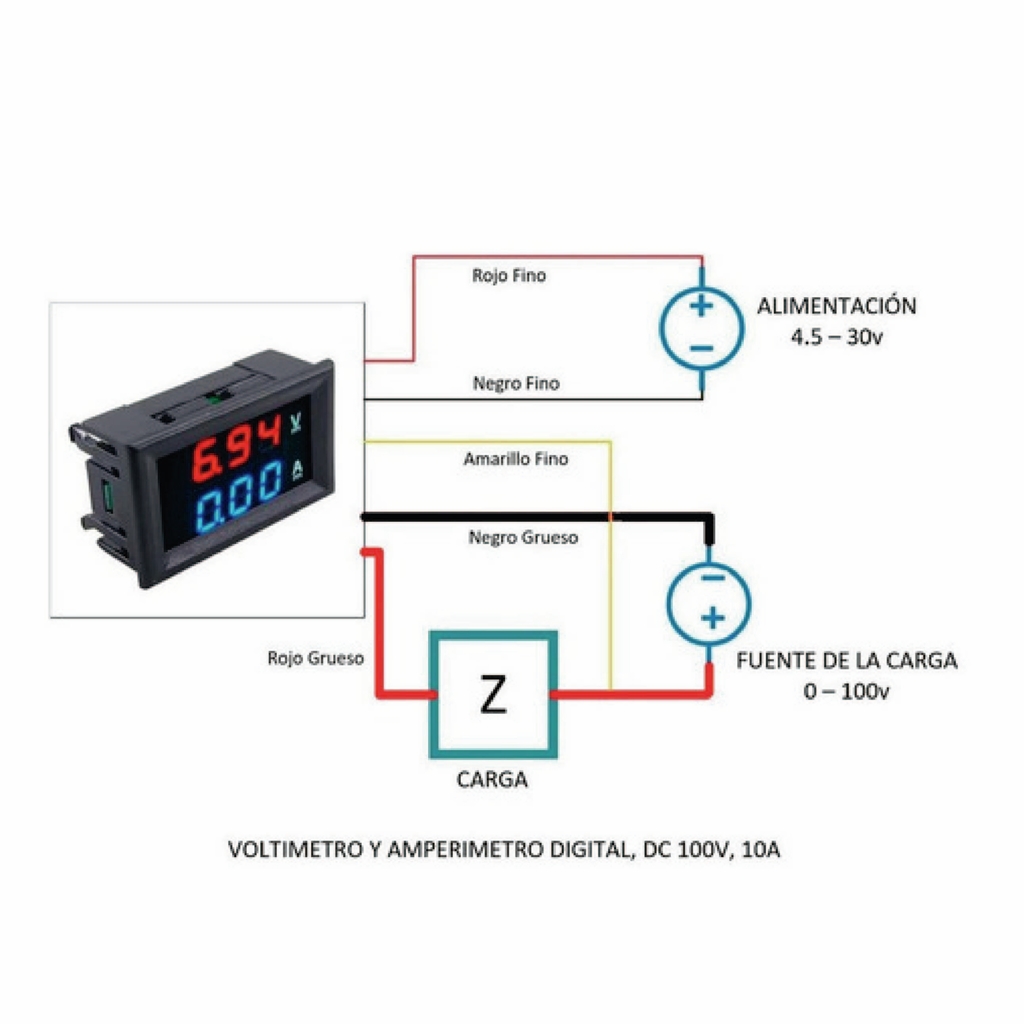 Voltimetro y amperímetro digital corriente continua 0-100v 0-10a