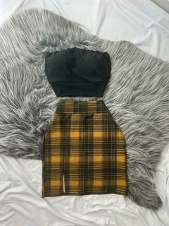 Conjunto xadrez amarela saia fenda e cropped moda gringa na internet