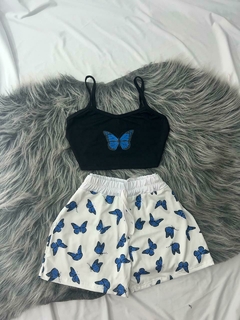 Conjunto de 2 peças shorts e cropped borboleta azul estilo moda gringa