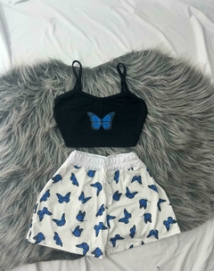Conjunto de 2 peças shorts e cropped borboleta azul estilo moda gringa - comprar online