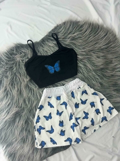 Conjunto de 2 peças shorts e cropped borboleta azul estilo moda gringa na internet