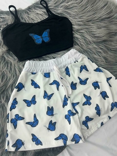 Conjunto de 2 peças shorts e cropped borboleta azul estilo moda gringa - Nanda Looks
