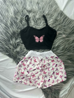 Conjunto de 2 peças shorts e cropped borboleta rosa estilo moda gringa