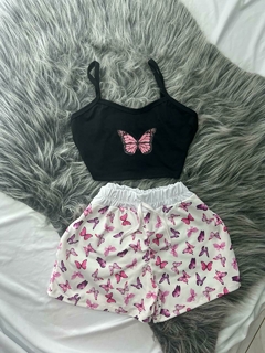 Conjunto de 2 peças shorts e cropped borboleta rosa estilo moda gringa na internet