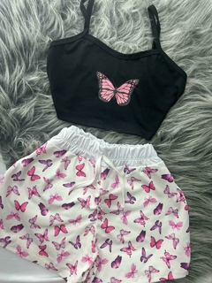 Conjunto de 2 peças shorts e cropped borboleta rosa estilo moda gringa - Nanda Looks