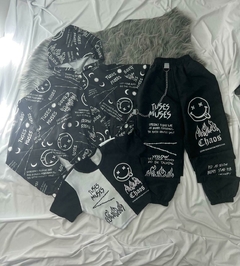 Conjunto de 3 peças jogger calça tactel + cropped canelado e corta vento carinha chaos estilo moda gringa - comprar online