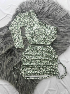 Conjunto 2 peças saia drapeada e cropped mula manca dolár verde estilo moda asthetic - comprar online