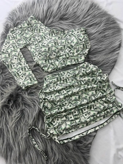 Conjunto 2 peças saia drapeada e cropped mula manca dolár verde estilo moda asthetic - Nanda Looks