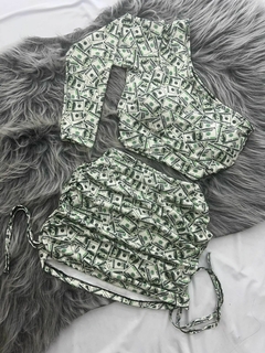 Conjunto 2 peças saia drapeada e cropped mula manca dolár verde estilo moda asthetic - loja online