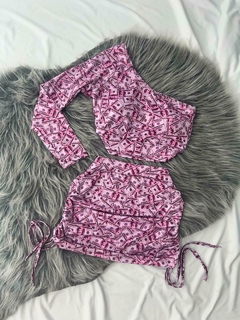 Conjunto 2 peças saia drapeada e cropped mula manca dolár rosa estilo moda asthetic - comprar online