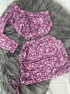 Conjunto 2 peças saia drapeada e cropped mula manca dolár rosa estilo moda asthetic - loja online