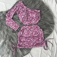 Imagem do Conjunto 2 peças saia drapeada e cropped mula manca dolár rosa estilo moda asthetic