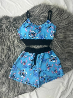 Conjunto de 2 peças cropped com bojo e shorts lilo & stick azul estilo moda gringa - comprar online