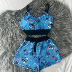 Conjunto de 2 peças cropped com bojo e shorts lilo & stick azul estilo moda gringa - loja online