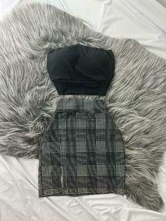 Conjunto estilo xadrez saia fenda e cropped preto estilo moda gringa