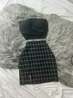 Conjunto estilo xadrez saia fenda e cropped preto estilo moda gringa - loja online