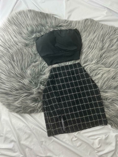 Conjunto estilo xadrez saia fenda e cropped preto estilo moda gringa