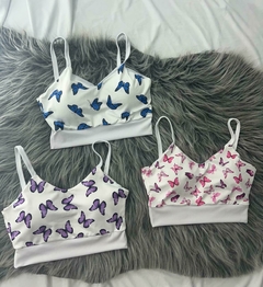 Cropped de alcinha com bojo borboleta rosa ,azul e roxa estilo moda gringa - comprar online