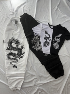 Conjunto bicolor calça tactel e cropped dragão estilo moda gringa - loja online