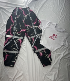 Conjunto calça raio rosa + cropped Barbie de manguinha estilo moda gringa na internet