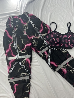 Conjunto calça tactel raio rosa e cropped com bojo balaclava bandida preto com rosa na internet