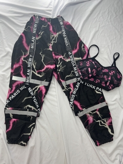Conjunto calça tactel raio rosa e cropped com bojo balaclava bandida preto com rosa
