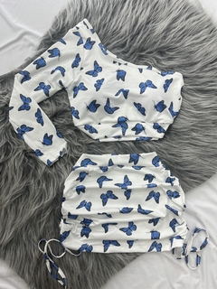 Conjunto asthetic borboleta azul saia drapeada e cropped mula manca ombro só - comprar online