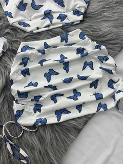 Conjunto asthetic borboleta azul saia drapeada e cropped mula manca ombro só - loja online
