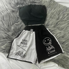 Conjunto feminino shorts tactel e cropped faixa com bojo sol e lua carinha tuses sorriso rosto feliz estilo moda gringa