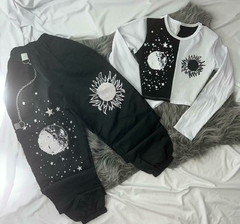 Conjunto feminino calça tactel e cropped manga longa sol e lua estilo moda gringa na internet