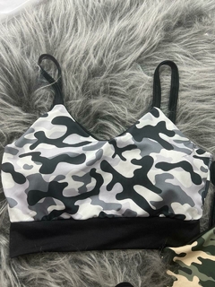 Cropped de alcinha com bojo camuflado exercito estilo moda gringa