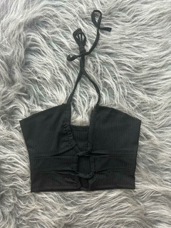 Cropped amarração preto canelado feminino estilo moda gringa na internet