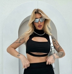 Cropped balada canelado preto sem bojo estilo moda gringa - comprar online