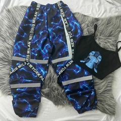 Conjunto feminino lilo & Stich calça raio azul refletiva e cropped lilo stich estilo moda gringa