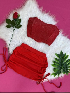 Conjunto Natal e ano novo saia drapeada e cropped lurex corselet com bojo estilo moda gringa