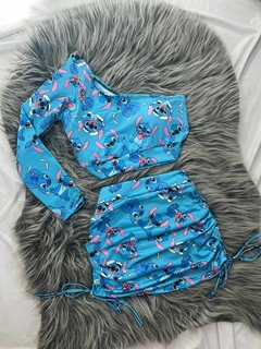 Conjunto feminino saia drapeada e cropped mula manca com bojo branco e azul lilo & stich na internet