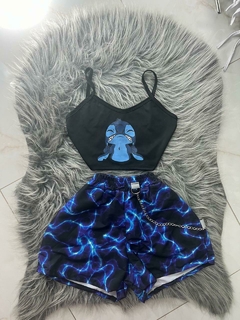 Conjunto feminino shorts raio azul e cropped Lilo & stich azul com preto estilo moda gringa - Nanda Looks