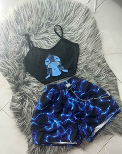 Conjunto feminino shorts raio azul e cropped Lilo & stich azul com preto estilo moda gringa - comprar online