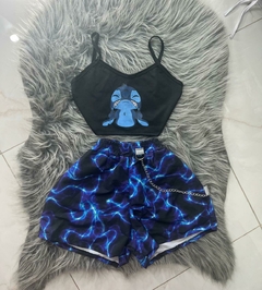 Conjunto feminino shorts raio azul e cropped Lilo & stich azul com preto estilo moda gringa na internet