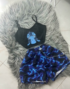 Conjunto feminino shorts raio azul e cropped Lilo & stich azul com preto estilo moda gringa