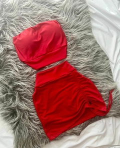 Conjunto HappyCat feminino natal vermelho cropped faixa e saia estilo moda gringa na internet