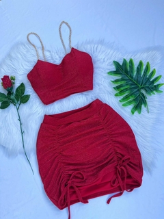 Conjunto feminino de corrente Natal e ano novo saia drapeada forrada e cropped com bojo de lurex