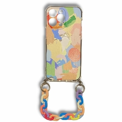 FUNDA IPHONE 14 PRO ANTISHOCK COLLAGE MULTICOLOR CON CADENA