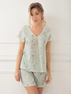 PIJAMA DAMA REMERA MANGAS CORTAS ESTAMPADO FLORES (LE22734)